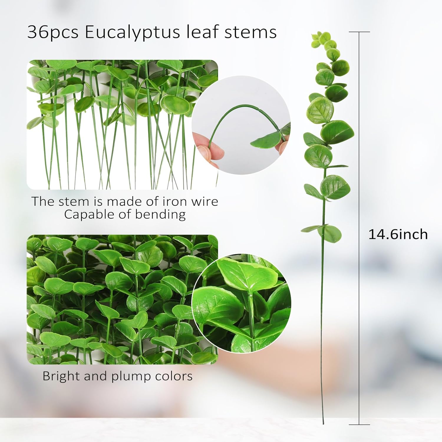 RECUTMS 36Pcs Green Eucalyptus Leaves Stems 15 inch Artificial Eucalyptuses Leaf Branches Faux Tender Greenery Picks Spring Wedding Centerpiece Flower Bouquet Arrangement Christmas Office Home Decor