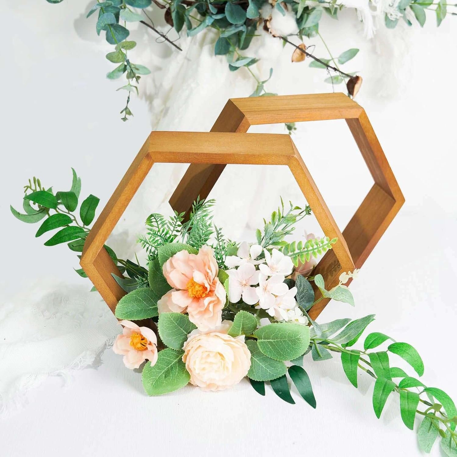 Efavormart 2 PC | 9" Tall Hexagon Rustic Wood Centerpiece | Natural Geometric Terrarium | Honeycomb Storage Shelf