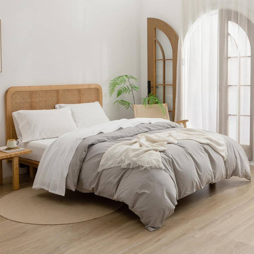 BESTOUCH Sheet Set 100% Washed Cotton Linen Feel Super Soft Comfortable Chic Lightweight 4 Pcs Home Bedding Set Solid Off White Queen