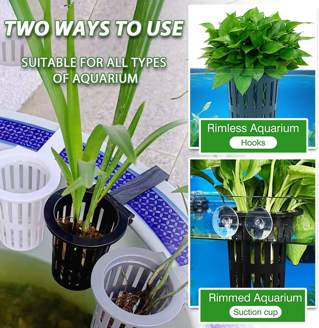 Upgraded Large Aquarium Plant Holder with Extension Hooks and Suction Cups, Aquatic Plants Cup for Tank for Fish Tank Aquaponic Plant Cultivation and Aquascape Accessories (Black-2PC)