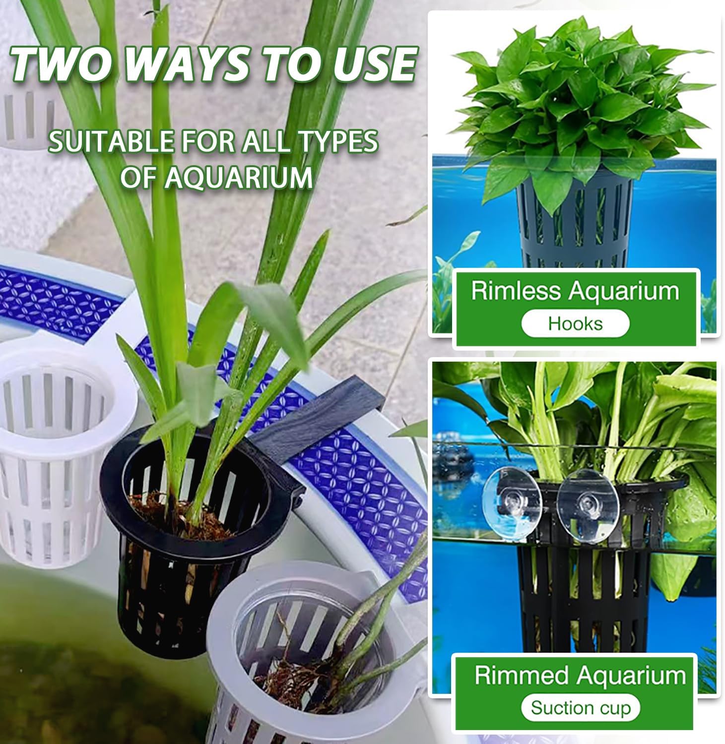 Upgraded Large Aquarium Plant Holder with Extension Hooks and Suction Cups, Aquatic Plants Cup for Tank for Fish Tank Aquaponic Plant Cultivation and Aquascape Accessories (Black-2PC)
