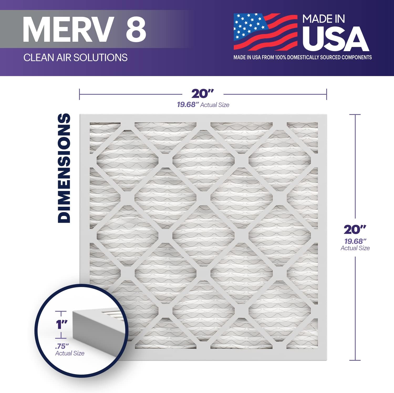 BNX 20x20x1 MERV 8 Air Filter 2 Pack - MADE IN USA - Electrostatic Pleated Air Conditioner HVAC AC Furnace Filters - Removes Dust, Mold, Pollen, Lint