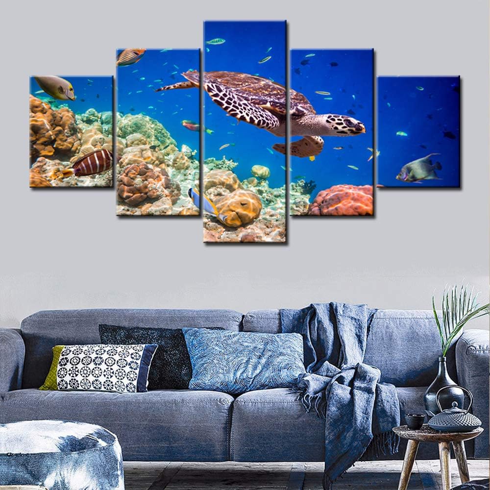 Sea Turtle Paintings Multi Panel Wall Art Underwater World Pictures Coral Reef Fish Artwork Printed on Canvas for Living Room Modern House Decor Stretched Framed Giclee Ready to Hang(60''Wx32''H)
