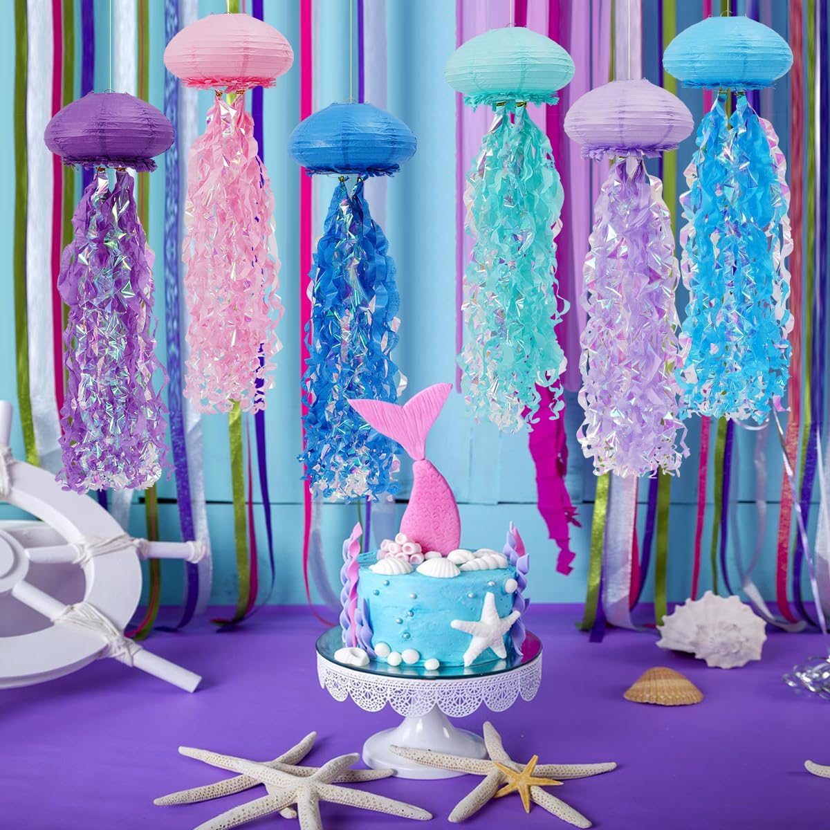 Mermaid Birthday Decorations, Jellyfish Paper Lanterns for Ocean Mermaid Baby Shower Under The Sea Party Decorations Pack of 6 Colorful