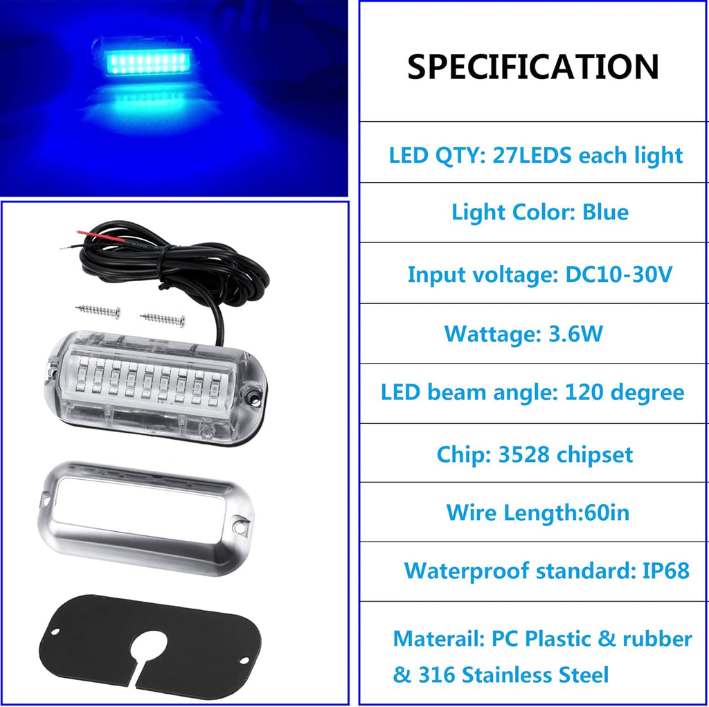 2Pcs Blue Marine Boat LED Lights,27 LEDs Waterproof IP68 Stainless Steel Boat Deck Dock Lights,Pontoon Transom Yacht Trailer Stern Navigation Interior Lights,1200LM