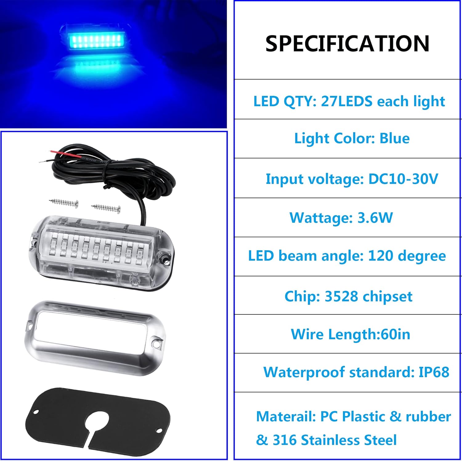 2Pcs Blue Marine Boat LED Lights,27 LEDs Waterproof IP68 Stainless Steel Boat Deck Dock Lights,Pontoon Transom Yacht Trailer Stern Navigation Interior Lights,1200LM