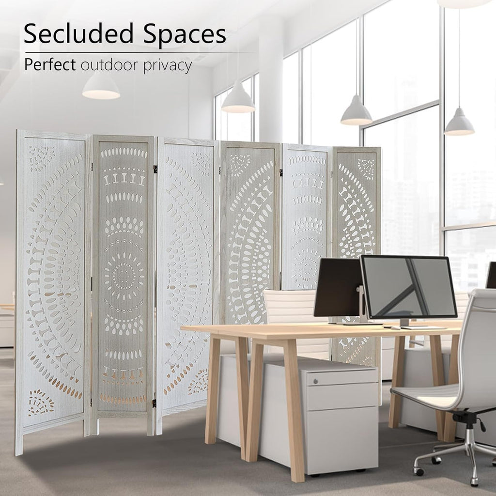 6 Panel Room Divider, Wood Carved Room Divider and Privacy Screen, Folding Room Partition Screen for Room Separation Home Bedroom Office Restaurant Portable Freestanding (Retro White)