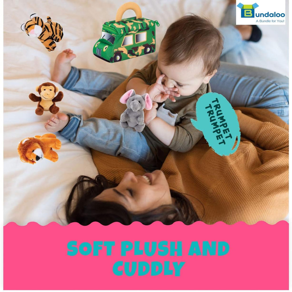 Bundaloo Plush Jungle Animals Set with Realistic Sound - Soft Stuffed Animal Toys with Safari Truck Carrier - Mini Tiger, Lion, Monkey, and Elephant
