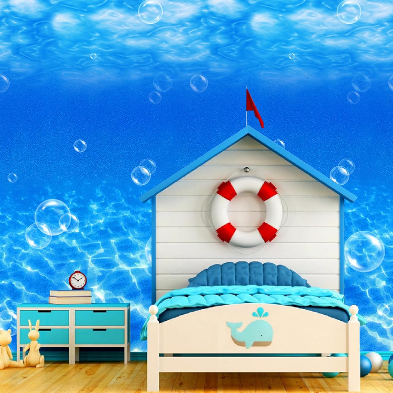4.5x100 Ft Under The Ocean Tablecloth Decorations,Roll of Plastic Ocean Wall Backdrop Classroom Decor Blue Water Bubbles Background Photography for Kids Summer Pool Mermaid Birthday Party Supplies
