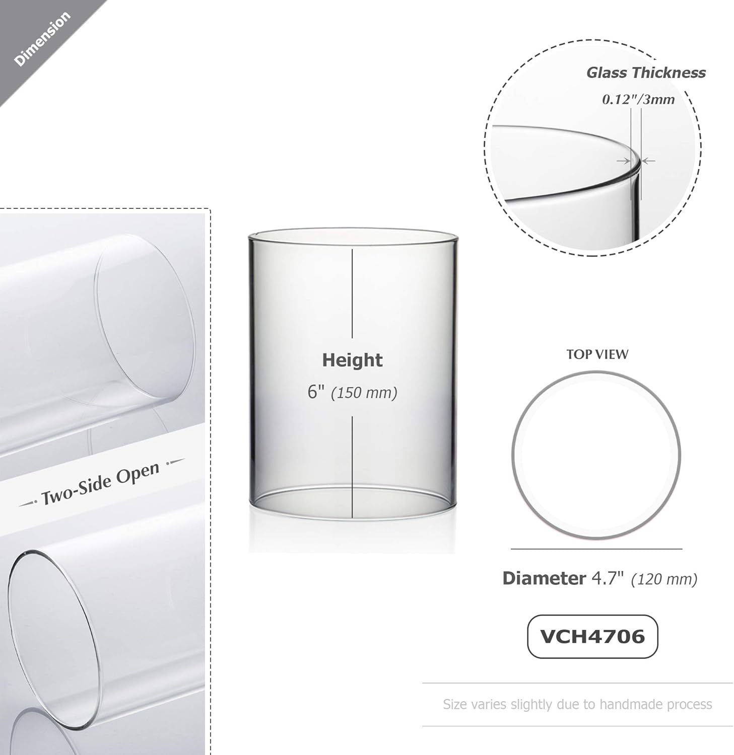 WGVI Hurricane Candle Holder Sleeve, Wide 4.7", Height 6", Clear Glass Cylinder Candleholder, Chimney Tube, Open Ended Candle Shade, 1 Piece
