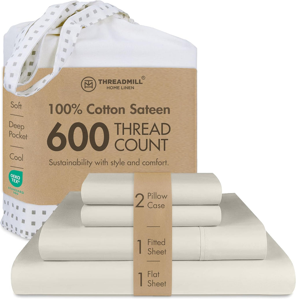 Threadmill King Size Sheets | 600 Thread Count King Bed Sheets Set for King Mattress 16” Deep Pocket | Sateen Weave 4-Piece Bedding Set with Cooling Effect | Taupe