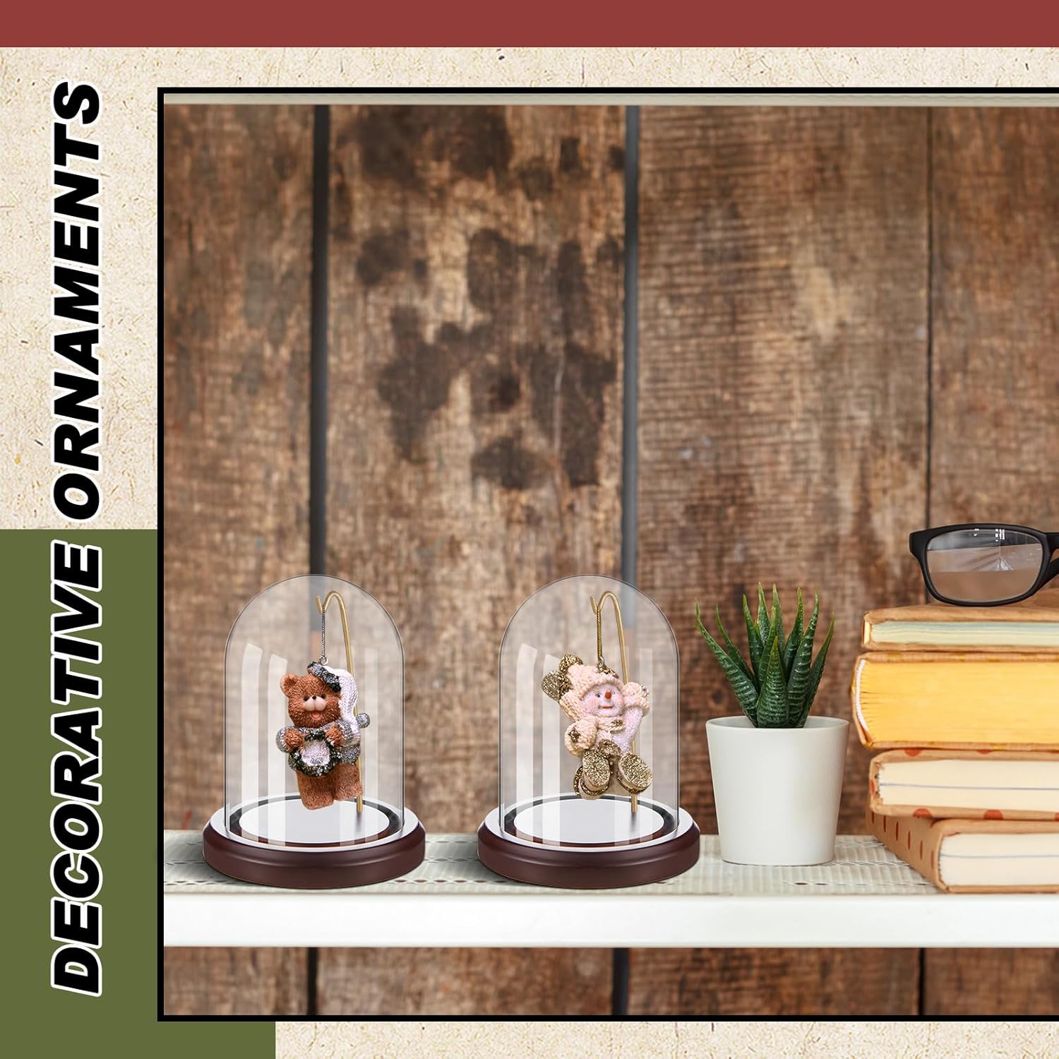 2 Pcs Pocket Watch Glass Display with Hooks Dome Cloche with Wood Base Decorative Glass Display Dome Showcase for Watch Plants Medals Photos Collectibles Dark MDF Base(3" X 5",Gold Hook)