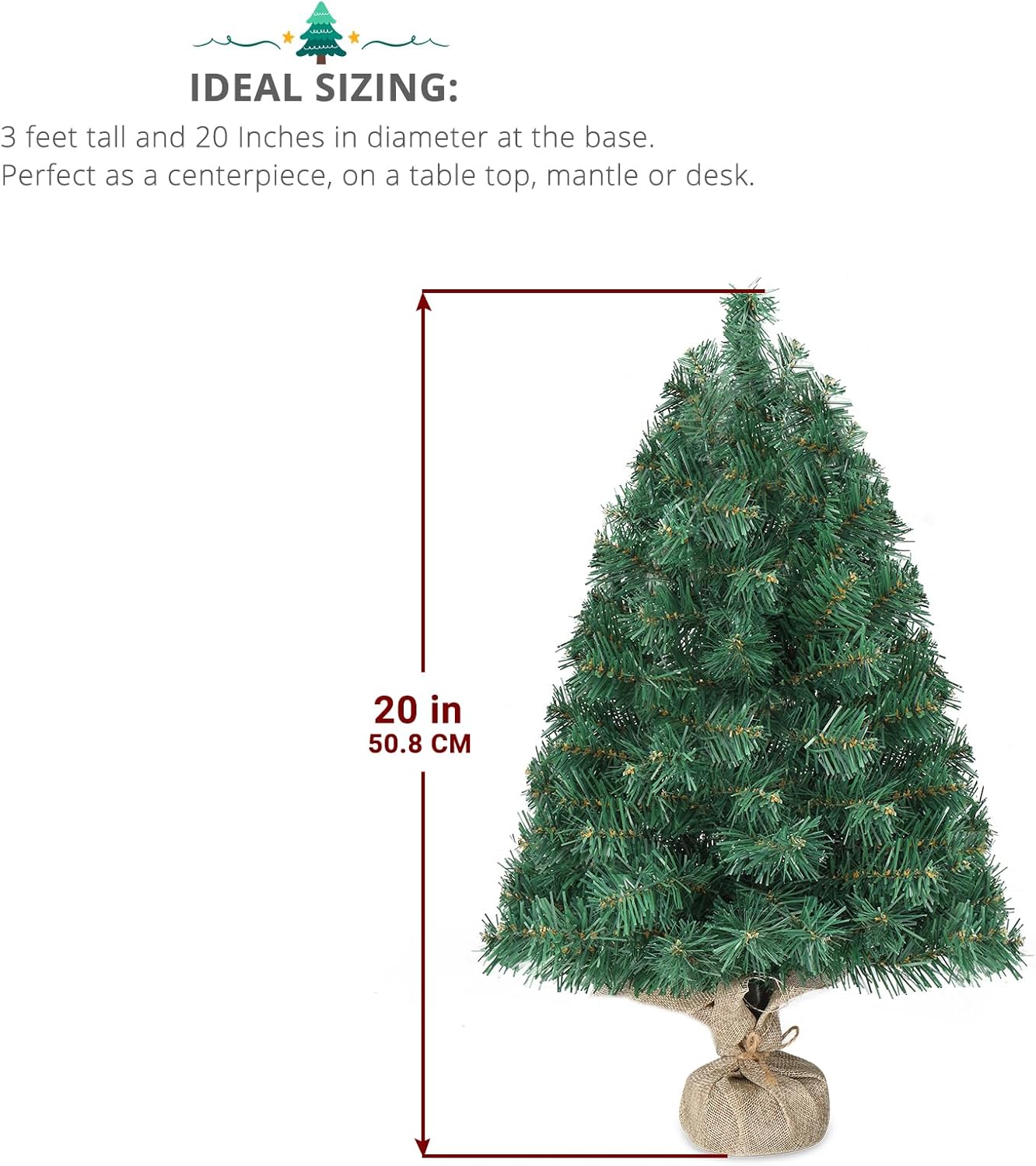 20 in Pre-lit Artificial Mini Christmas Tree, Tabletop Small Xmas Pine Tree with Ornaments and 30 Warm Lights Battery Operated for Home Office Store Holiday Deco, Green