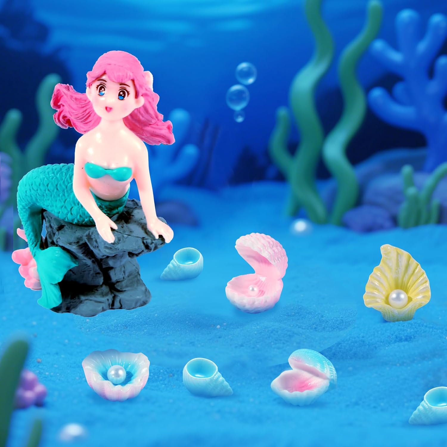 20pcs Mini Mermaid Figurines Aquarium Decorations Set with Coral and Shell Ornaments, Mini Ocean Resin Animals for Fish Tank Aquarium