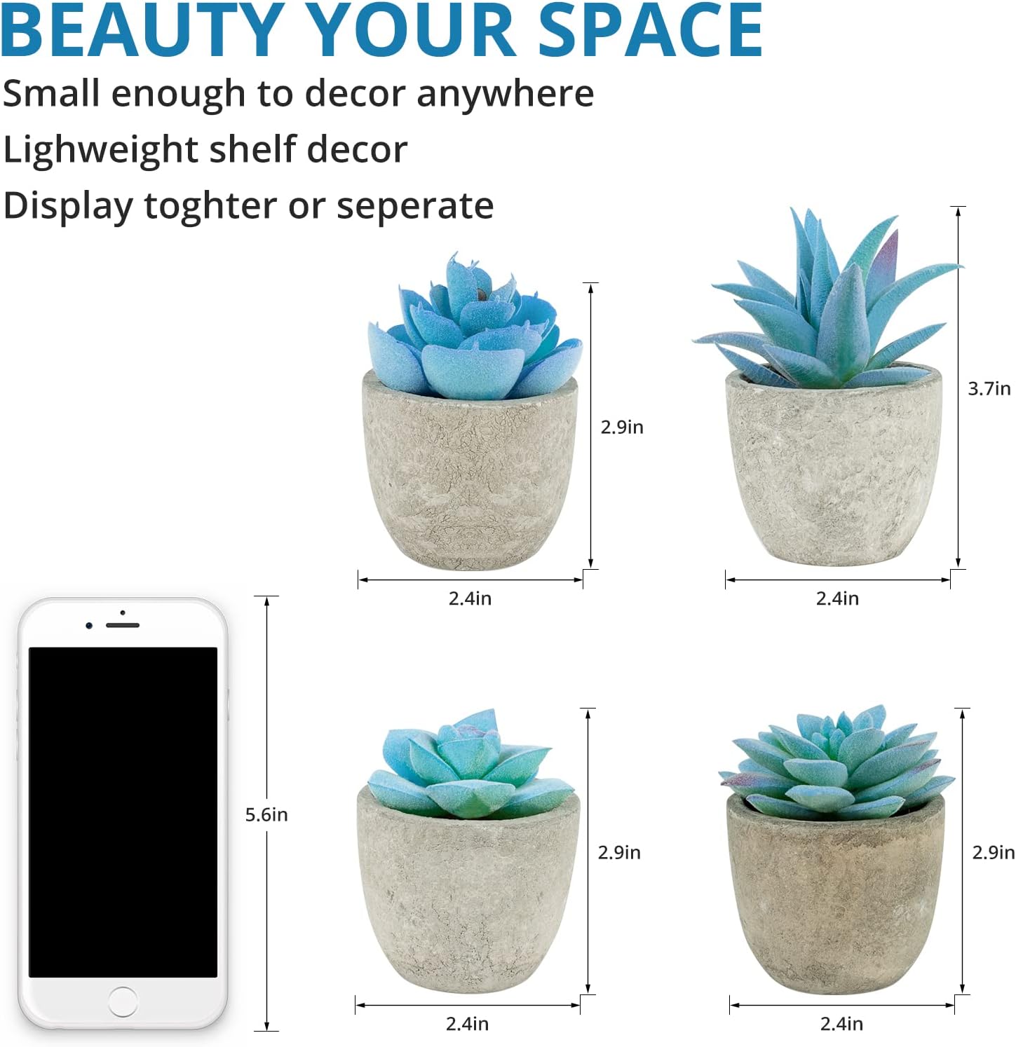 Set of 4 Blue Fake Succulents Potted, Mini Succulents Plants Indoor, Blue Decor Small fakeplants for Shelves Home Office Table Bathroom Bedroom Kitchen Desk Decor Shelf Decor