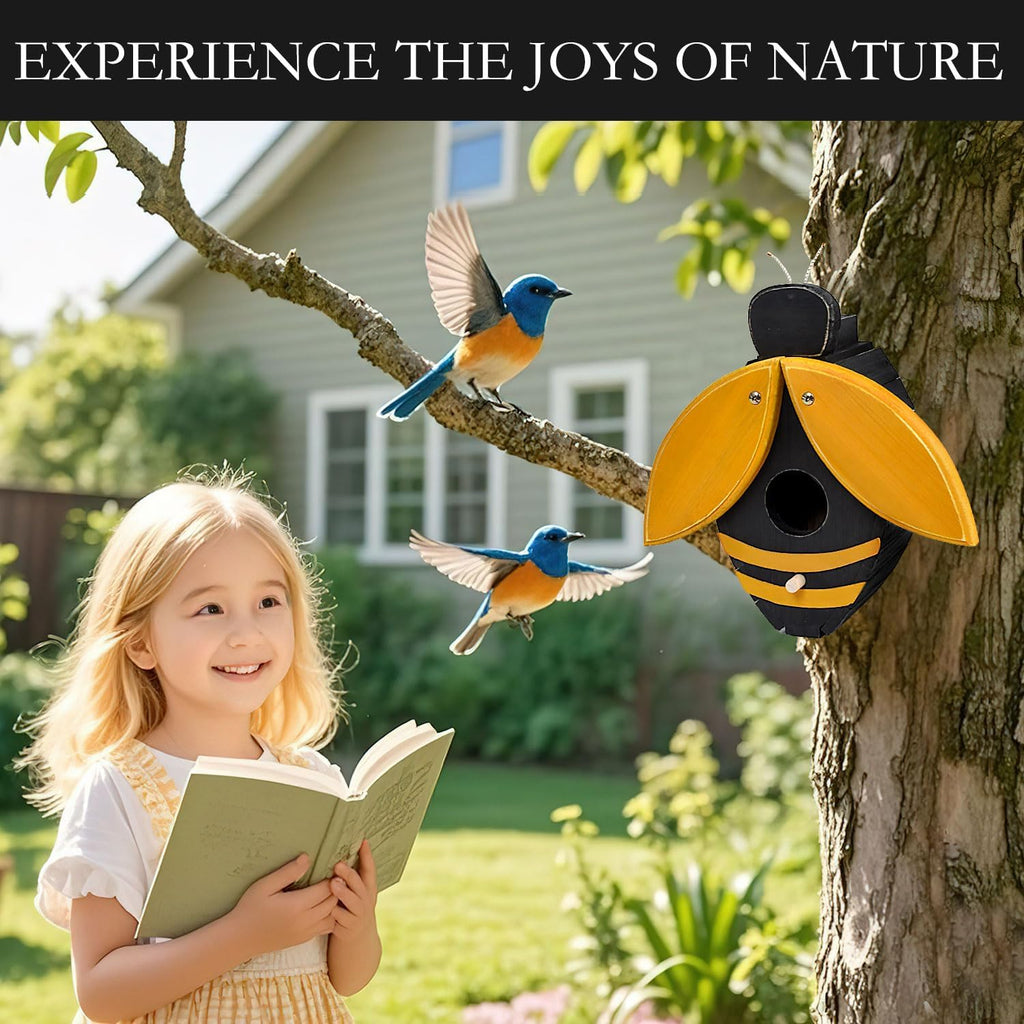 Bird Houses for Outside, Bee-Shaped Birdhouse Attracts Wild Birds (Bluebirds, Finches, Cardinals), Durable Wood Bird House with 4 cm Entrance Hole,Unique Garden Decor,Weather-Resistant