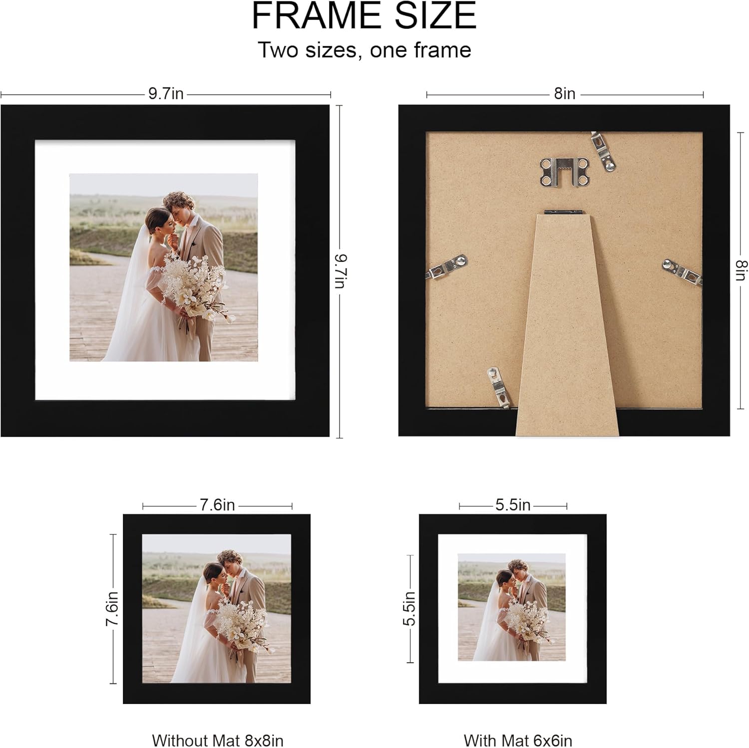 8x8 Picture Frames Set of 4, Made of Real Glass and Black Wooden Frame - Display Picture 6x6 with Mat or 8 x 8 Without Mat, 8 by 8 Photo for Wall or Tabletop