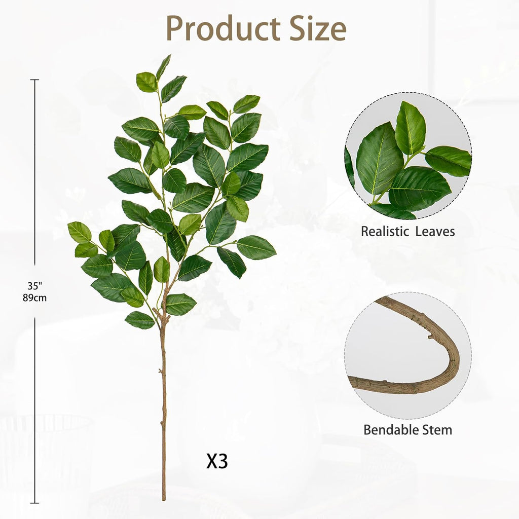 Briful 3PCS Artificial Greenery Stems Fake Plants, 35'' Long Stem Faux Camellia Branches, Real Touch Year Round Tea Leaf Branches Artificial Plants for Home Farmhouse Wedding Centerpiece Decor