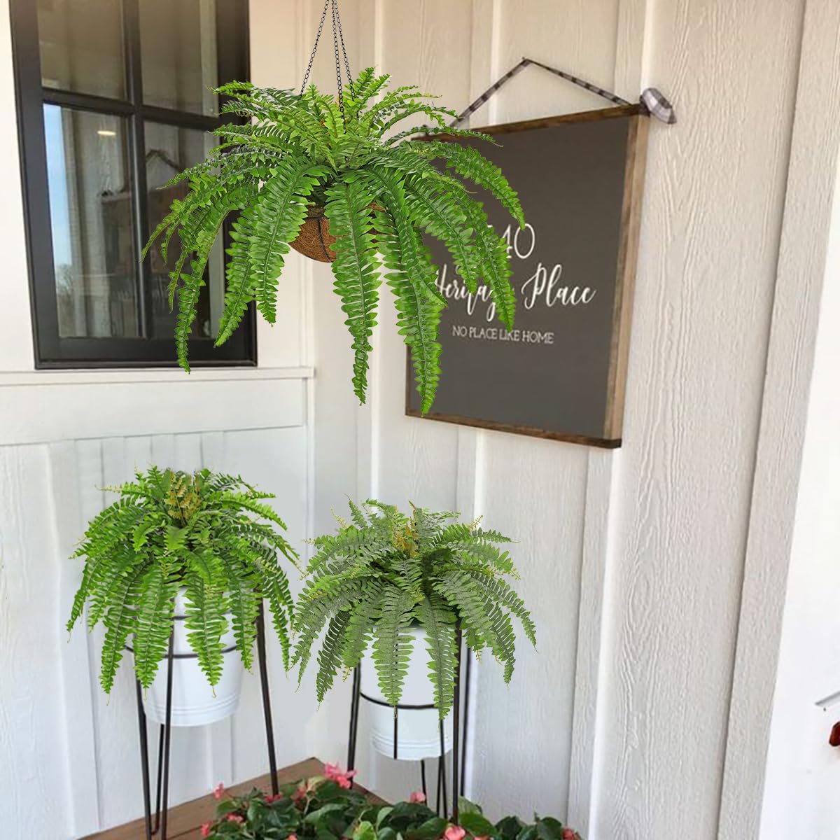 Fake Hanging Plants Large Boston Fern Artificial Plants Outdoor Realistic Fake Ferns with Palm Basket Silk Plants Ferns Hanging Plant Artificial Decor for Home Front Porch Window Garden - Green