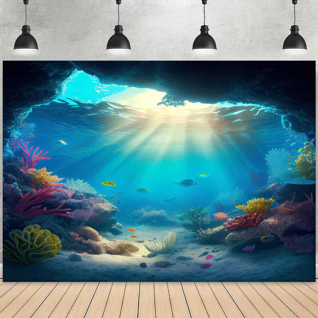 Sensfun 7x5ft Under The Sea Backdrop Ocean Deep Blue Underwater Cave Fish Coral Sunlight Photography Background Boys Birthday Baby Shower Party Decorations Banner Photo Studio Booth Props