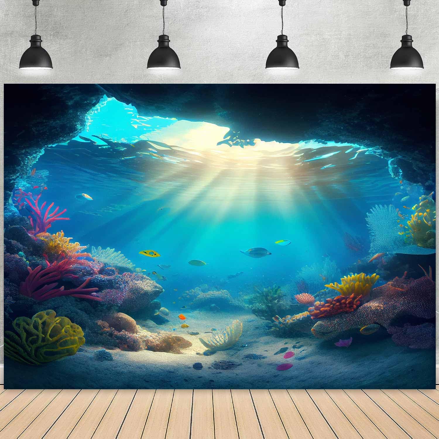 Sensfun 6x4ft Under The Sea Backdrop Ocean Deep Blue Underwater Cave Fish Coral Sunlight Photography Background Boys Birthday Baby Shower Party Decorations Banner Photo Studio Booth Props