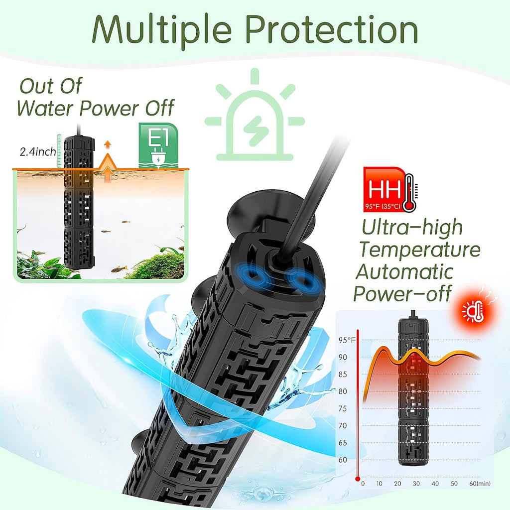 AQQA Fish Tank Heater,Aquarium Heater 50W 150W 250W 400W 500W 800W for 3-220 Gal,Set Temperature 59℉-93℉ Temperature Accuracy,Out of Water or High Temperature Automatic Power Off (200W)