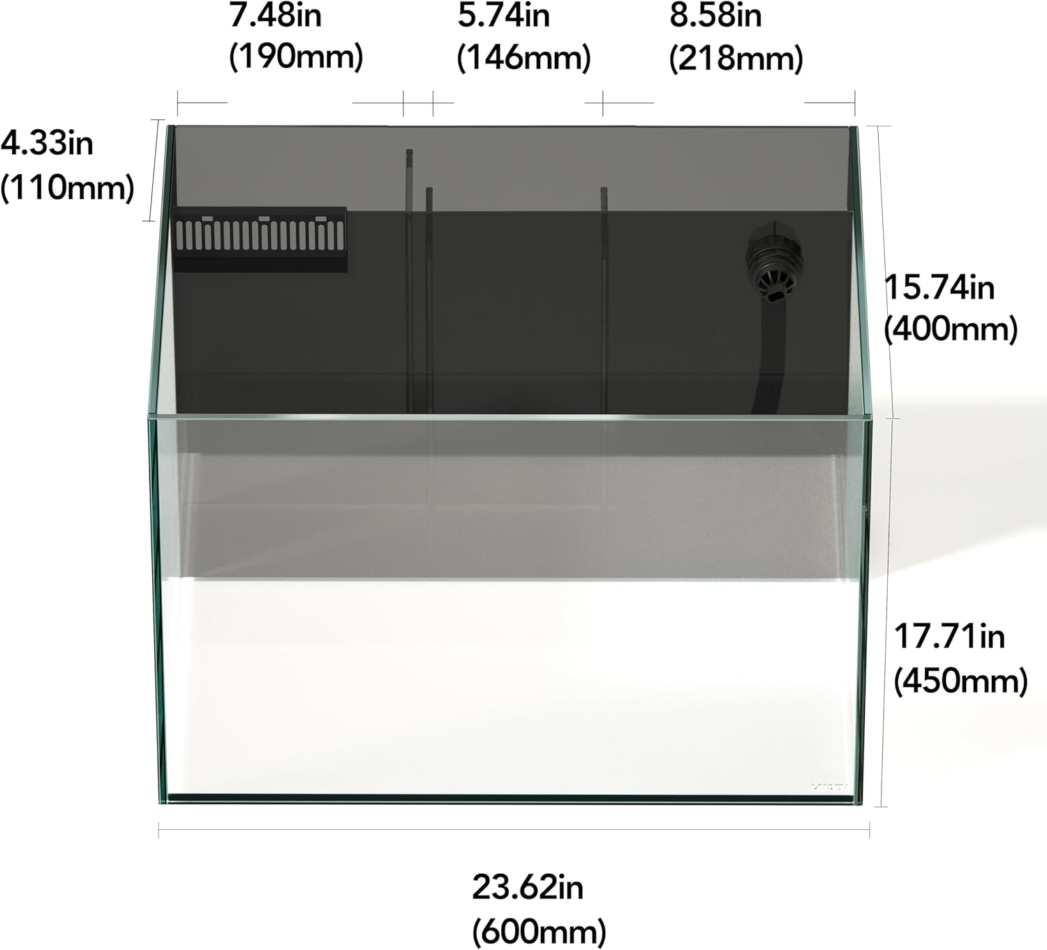 Landen 60P 26.23 Gallon Ultra Clear All Glass Rimless Low Iron Aquarium Tank with Rear Filtration Chamber for Salt and Fresh (Return Pump Included) 23.6Wx17.7Dx15.8H in(60x45x40cm) 8mm Thickness