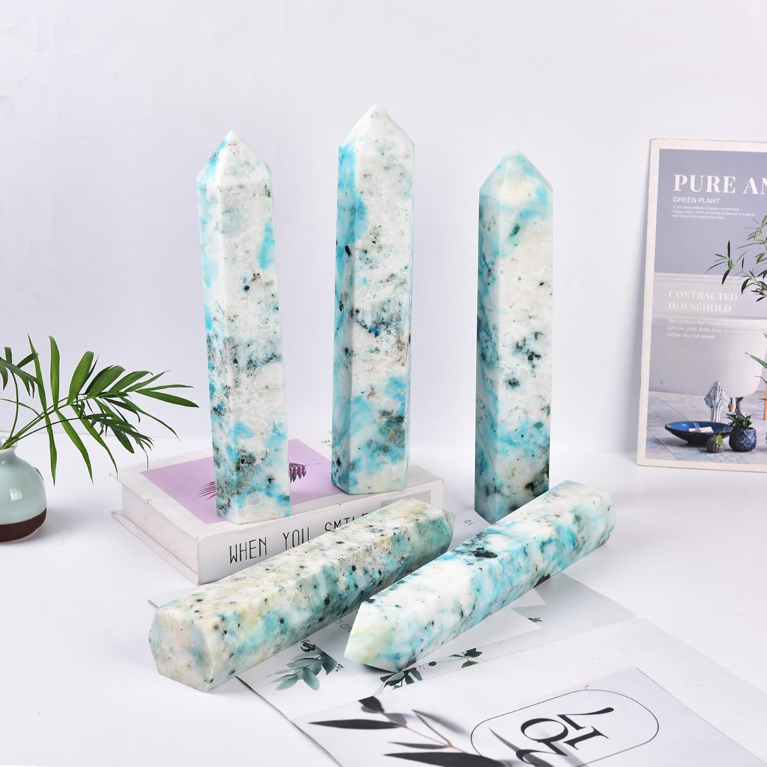 JIC Gem Natural Large Phoenix Pine Obelisk Quartz Crystal Wand Tower Point 6 Faceted Column Chrysocolla Crystal Healing Wand Reiki Decor 3.5-4.0 Lbs