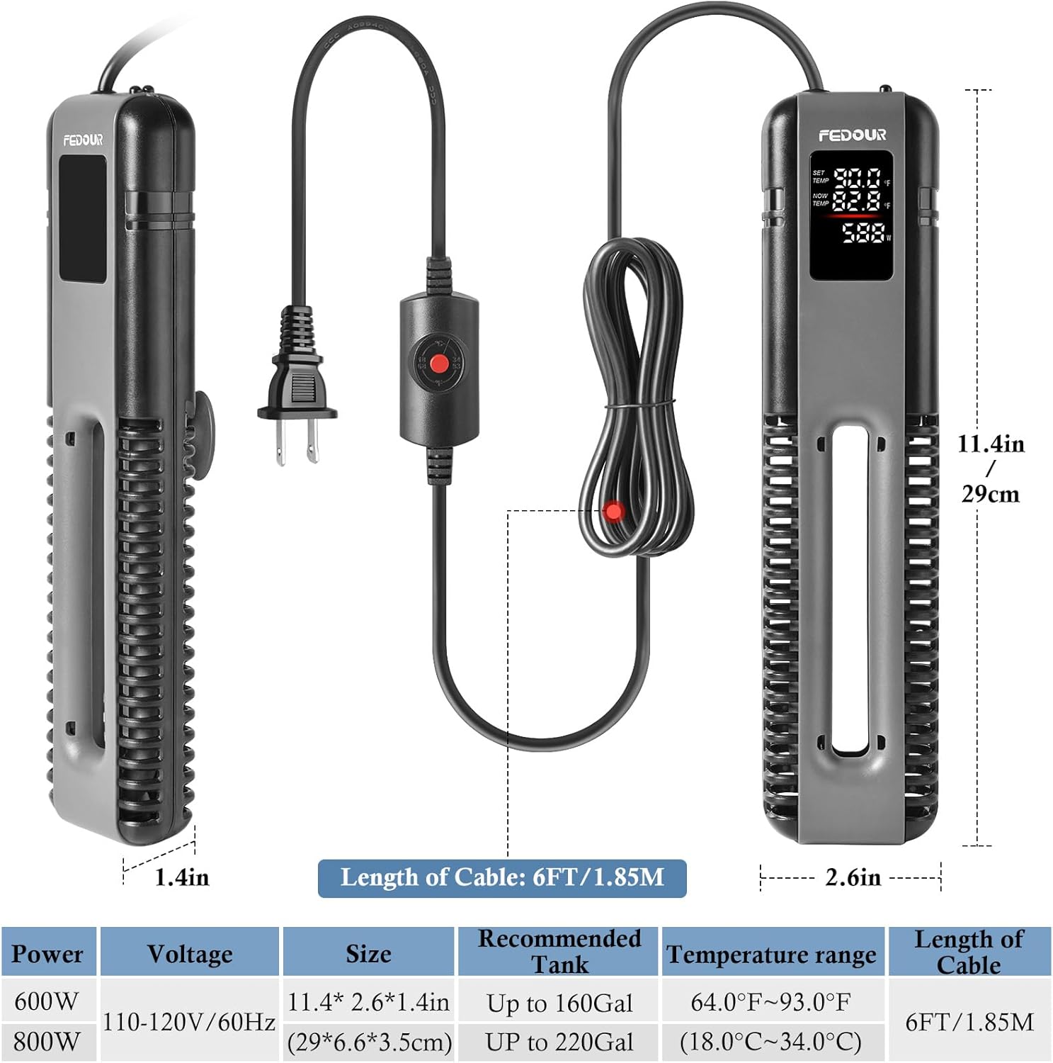 FEDOUR 600W 800W Titanium Aquarium Heater with External Controller, LED Digital Display Submersible Heater with Overheating Protection, for up to 220Gallon Fish and turtle Tank (600W for up to 160Gal)