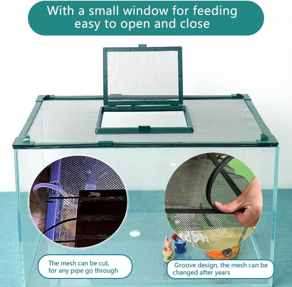 Magnetic Fish Tank Cover with Feeding Window Green Frame Grey Fiberglass Mesh, DIY Magnetic Fish Tank Lid 39"x19"(100x50CM), Preventing Fish from Jumping Out The Size can be Adjusted Smaller