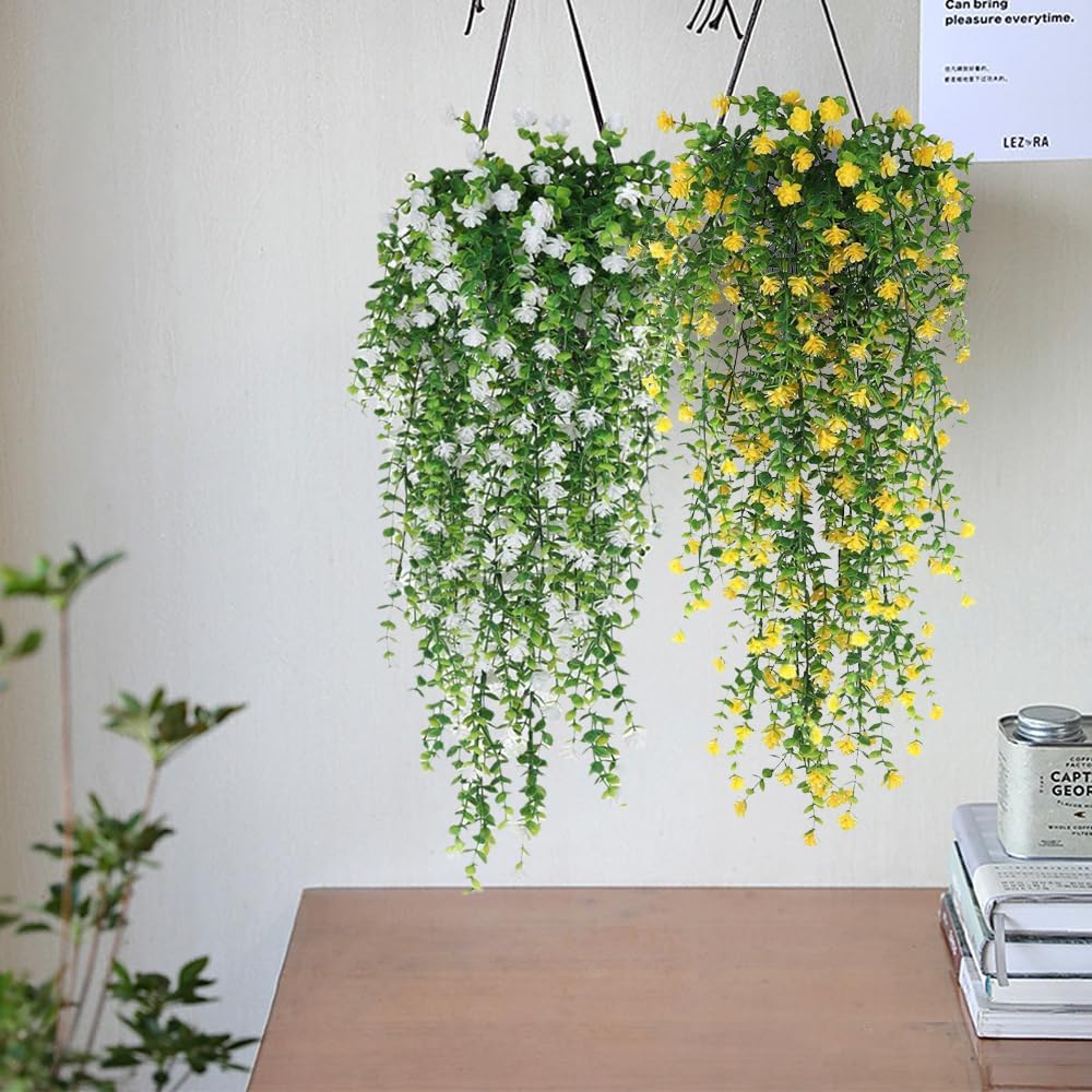 WEISPARK Artificial Hanging Flowers, 12pcs Fake Eucalyptus Vine Faux Flower Greenery Garland Plastic Plants for Indoor Outdoor Wall Garden Wedding Home Party Decor (12pcs White)