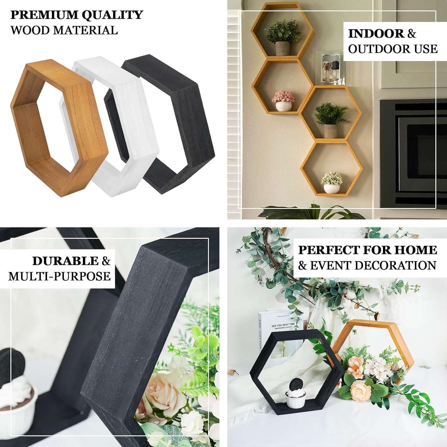 Efavormart 2 PC | 9" Tall Hexagon Rustic Wood Centerpiece | Natural Geometric Terrarium | Honeycomb Storage Shelf