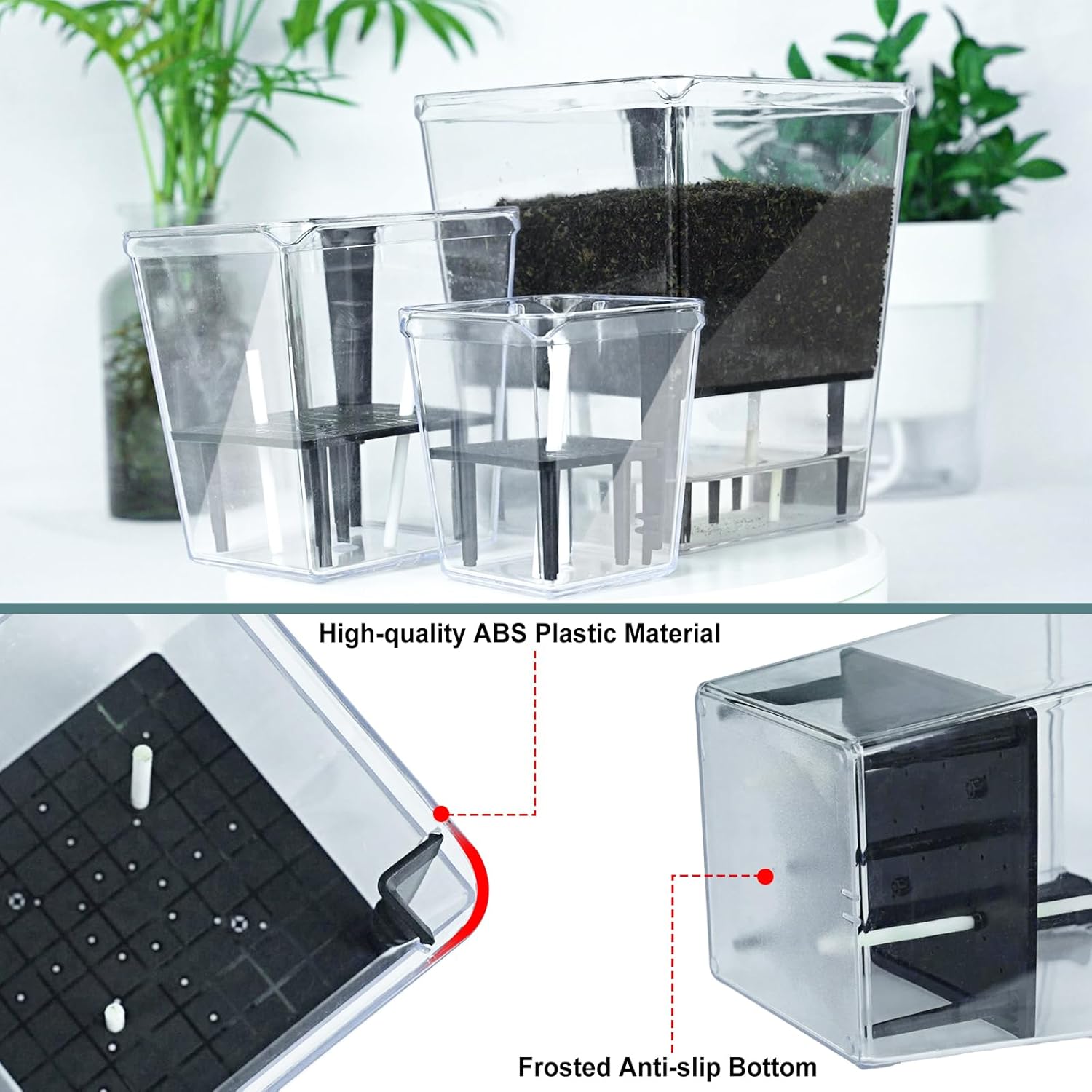 Self Watering Pots Set, 3 Pack 2.7 Inch Pots for Indoor Plants, Clear Nursery Planter with Deep Reservoir for Succulents, Seedlings, Small Plants