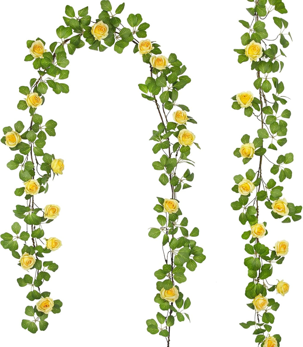 Artificial Roses Vines Flowers Garland Hanging Silk Rose Vine Floral Garland Yellow UV Resistant Realistic Faux Hanging Flowers Plants Fake Ivy Vines for Outdoor Porch Outside Decor Patio Yard