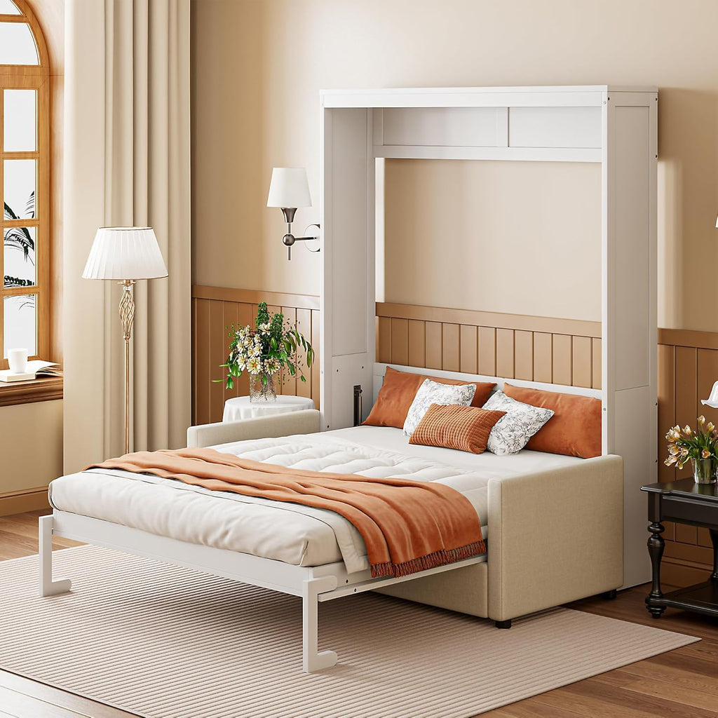 MERITLINE Full Murphy Bed with Couch,Wood Murphy Bed Cabinet with Sofa,Fold up Bed White Murphy Wall Bed Full Size