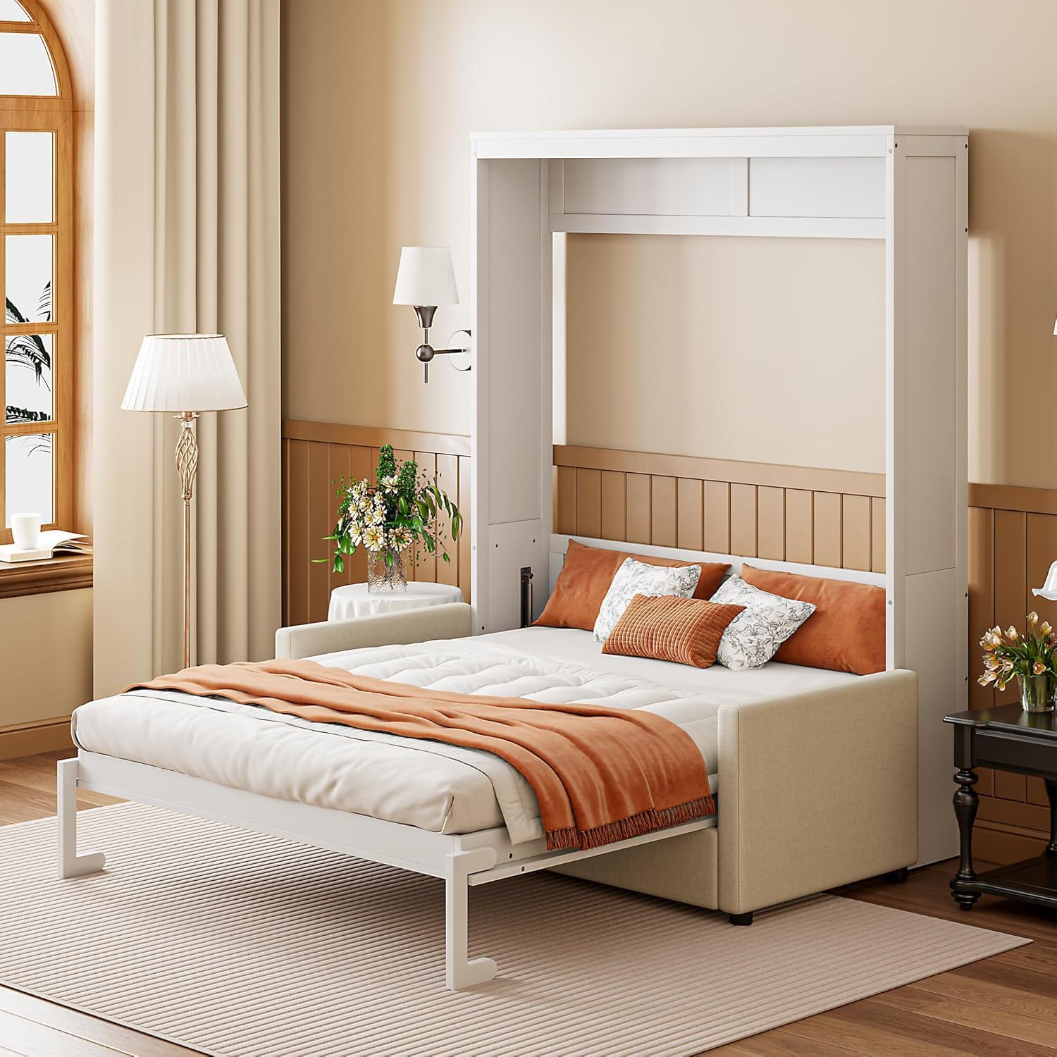 MERITLINE Full Murphy Bed with Couch,Wood Murphy Bed Cabinet with Sofa,Fold up Bed White Murphy Wall Bed Full Size