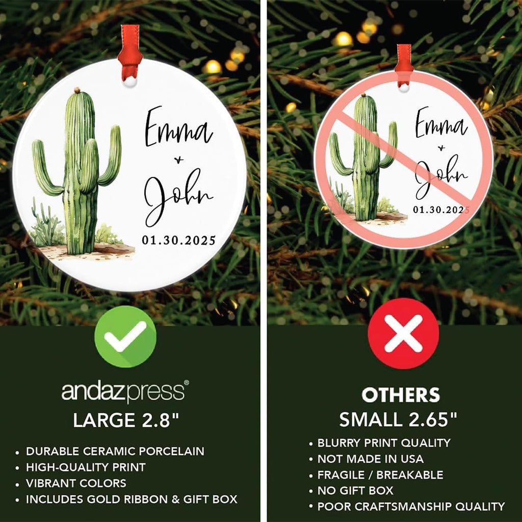 Andaz Press 2.8" Ceramic Porcelain Personalized Christmas Cactus Ornament, Saguaro Design, Custom Cactus Christmas Ornaments, Succulent Ornament Cactus Decor, Engagement, Wedding Gift for Couples