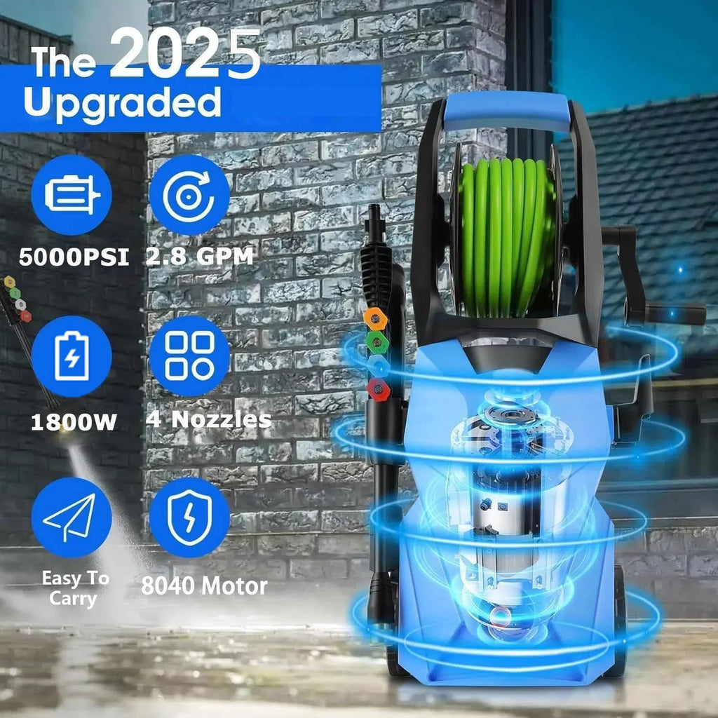 Pressure Cleaner 5000 PSI,2.8 GPM Power Cleaner with Foam Cannon,Portable Cleaner with 33ft Hose Reel,4 Nozzle Tips,and Soap Bottle for Cars/Home/Driveways/Patios/Decks/Fences(Blue)