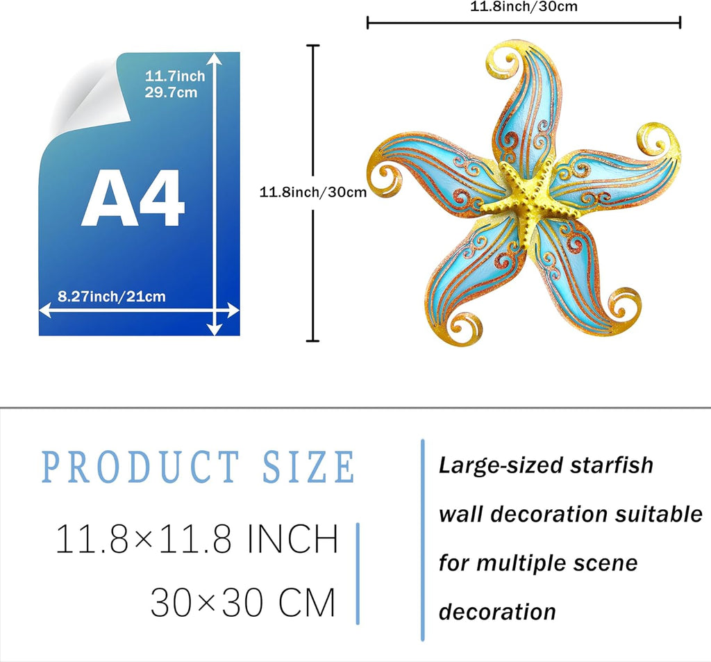 Metal Starfish Wall Decor, Sea Life Coastal Decorations 12 inch Starfish Wall Art, Nautical Home Decoration Handing Ocean Beach Wall Art for Garden,Fence,Home,Patio,Kitchen,Bathroom,(Blue)