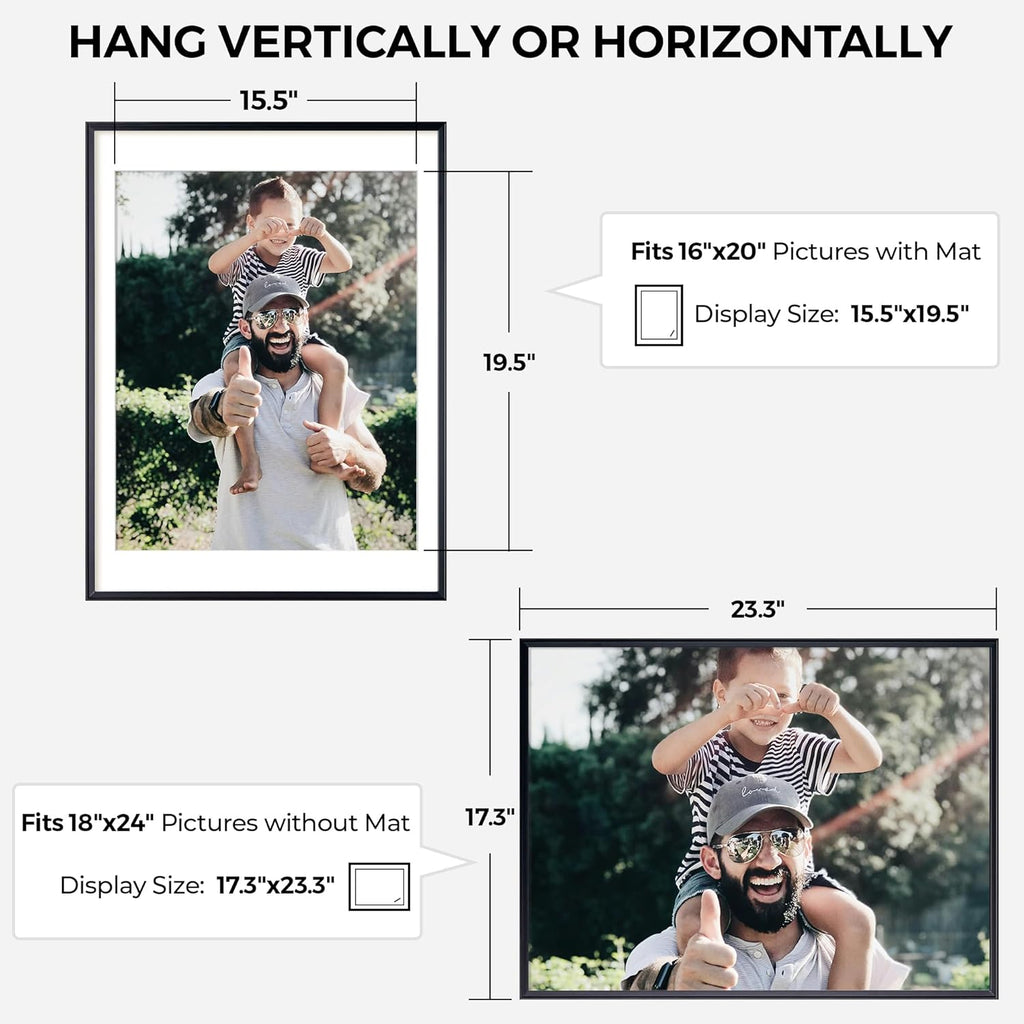RICHFOCUS Aluminum Picture Frame - 18x24 Black Metal Frame with Mat for 16x20 Photo, Floating Frame with Tempered Glass - Poster Frame Wall Hook Included for Gallery Wall, Set of 2