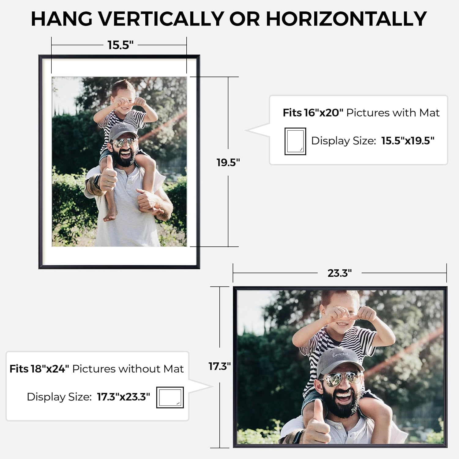 RICHFOCUS Aluminum Picture Frame - 18x24 Black Metal Frame with Mat for 16x20 Photo, Floating Frame with Tempered Glass - Poster Frame Wall Hook Included for Gallery Wall, Set of 2