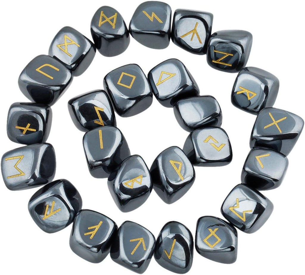 rockcloud Hematite Rune Stones Tumbled Engraved Lettering Crystal Set for Wicca Crystals Healing Chakra Reiki