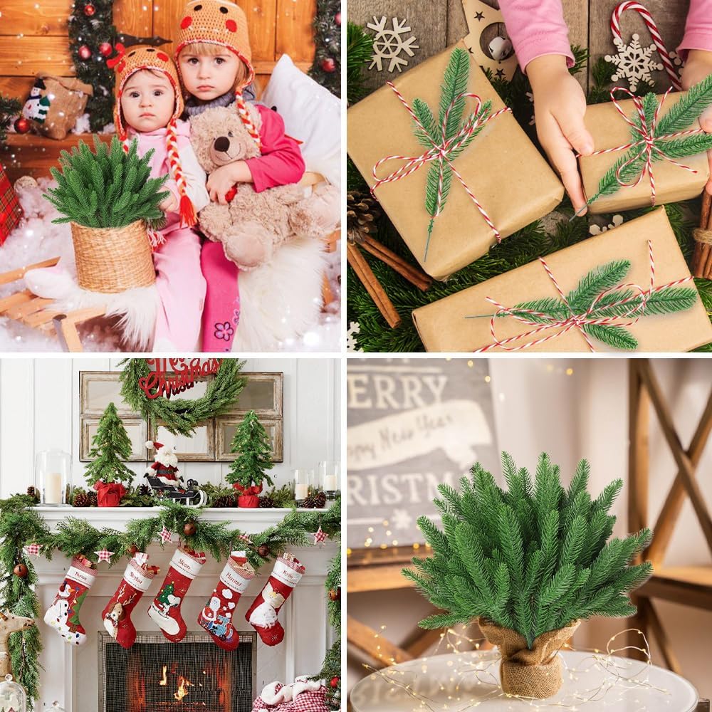50 PCS Artificial Pine Branches Christmas Faux Pine Greenery Stems Fake Cedar Pine Needles Picks for Christmas Tree Wreath Garland DIY Crafts Holiday Home Decoration
