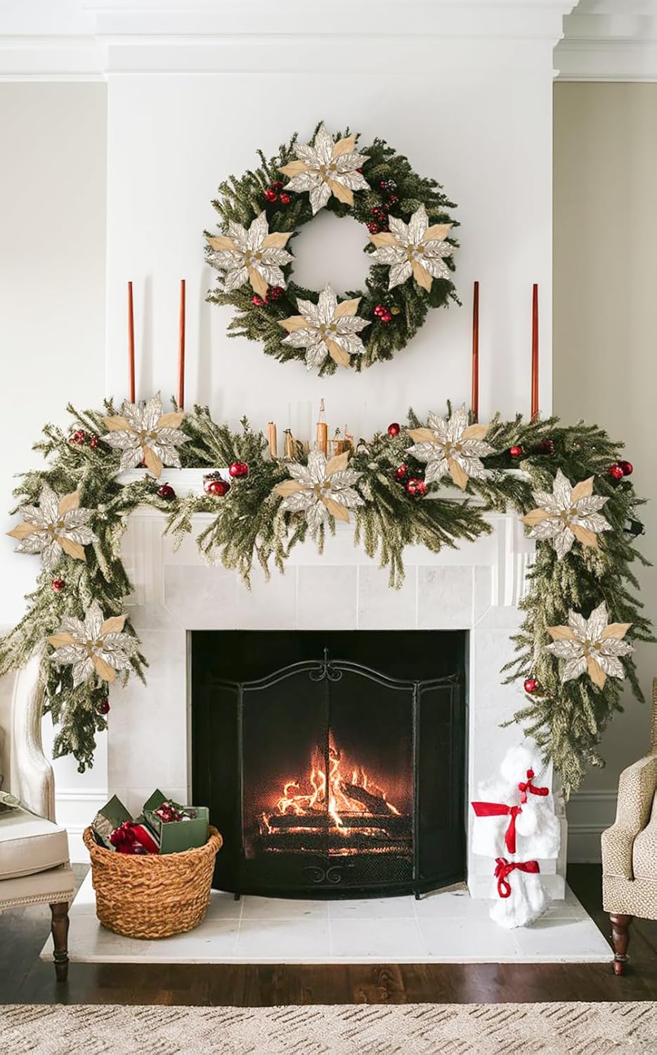 Hollyone 3PCS Poinsettia Christmas Flowers Artificial 11" Large Champagne Glitter Poinsettia Flowers Christmas Tree Ornaments Floral Picks for Tree Wreath Garland Vase Table Centerpiece Home Decor