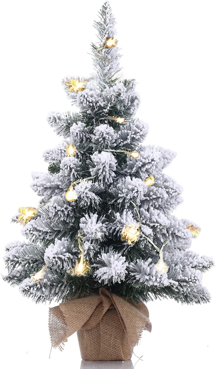 Pre-Lit Artificial Mini Christmas Tree,20 Inch Snow Flocked Small Pine Xmas Tree with 40 LED Lights,70 Branch Tips,Battery Operated Tabletop Christmas Tree Burlap Base-(50cm)