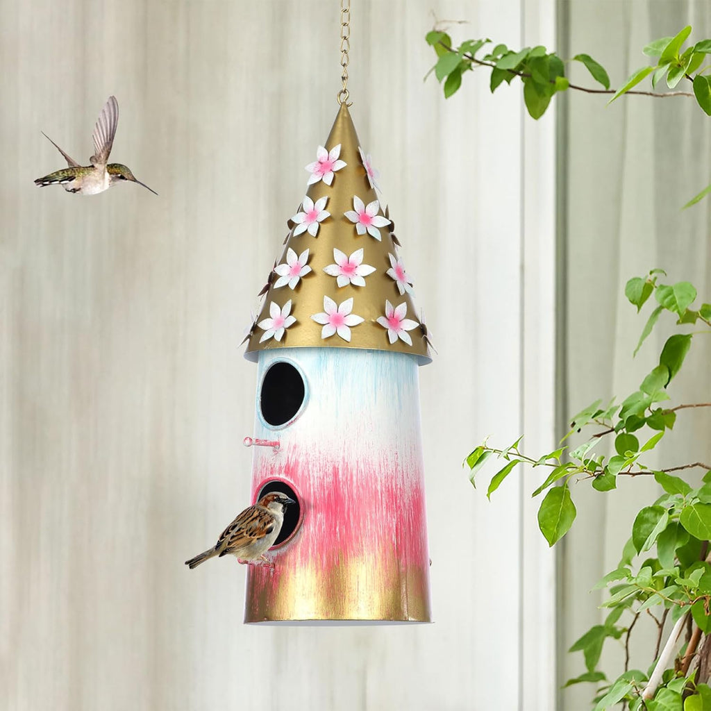BAYN Hanging Bird House for Outside, 2 Story Double Hole Metal Birdhouse for Outdoor Hanging Handwork Bird Nest Decorative Garden Decor Outdoor