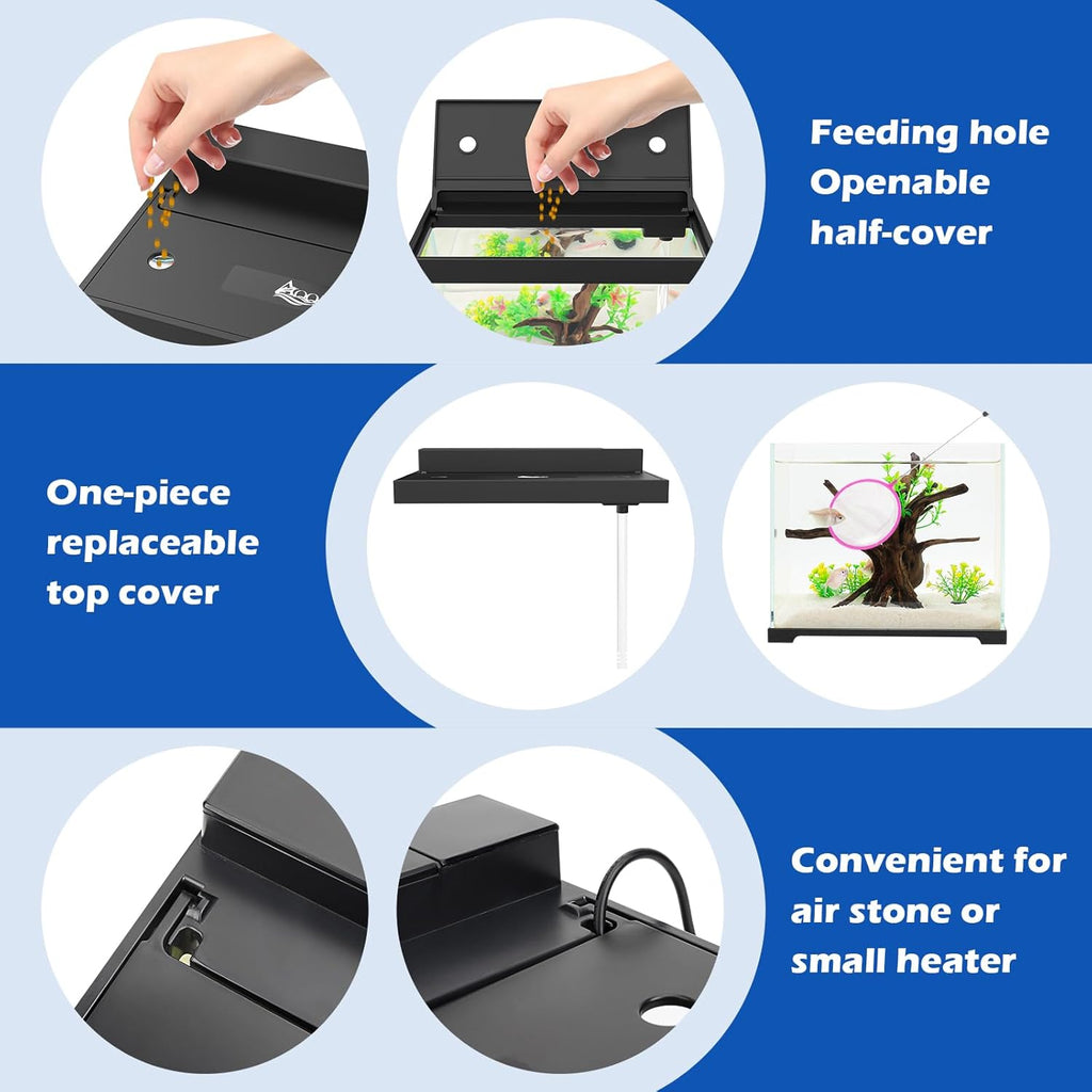 AQQA 2.4 Gallon Glass Aquarium Tank Kit with LED Lights & Quiet Filter –USB Self-Cleaning All-in-One Fish Tank, ABS Cover, 4 Light Modes, Built-in Feeding Hole – Perfect for Betta, Small Fish Black