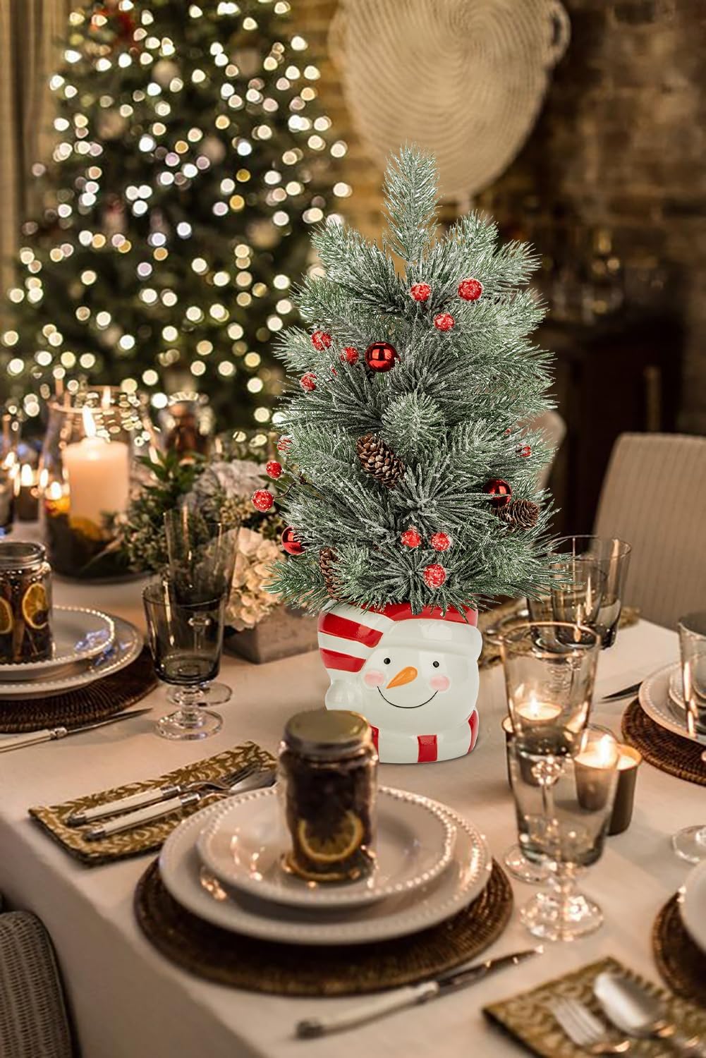 Small Christmas Tree Snowman Potted Plants with Vase 16.5" Artificial Tabletop Mini Xmas Tree Decorations Pine Needles Plant with Christmas Ball Ornaments Berries Pine Cones Home Party Christmas Decor