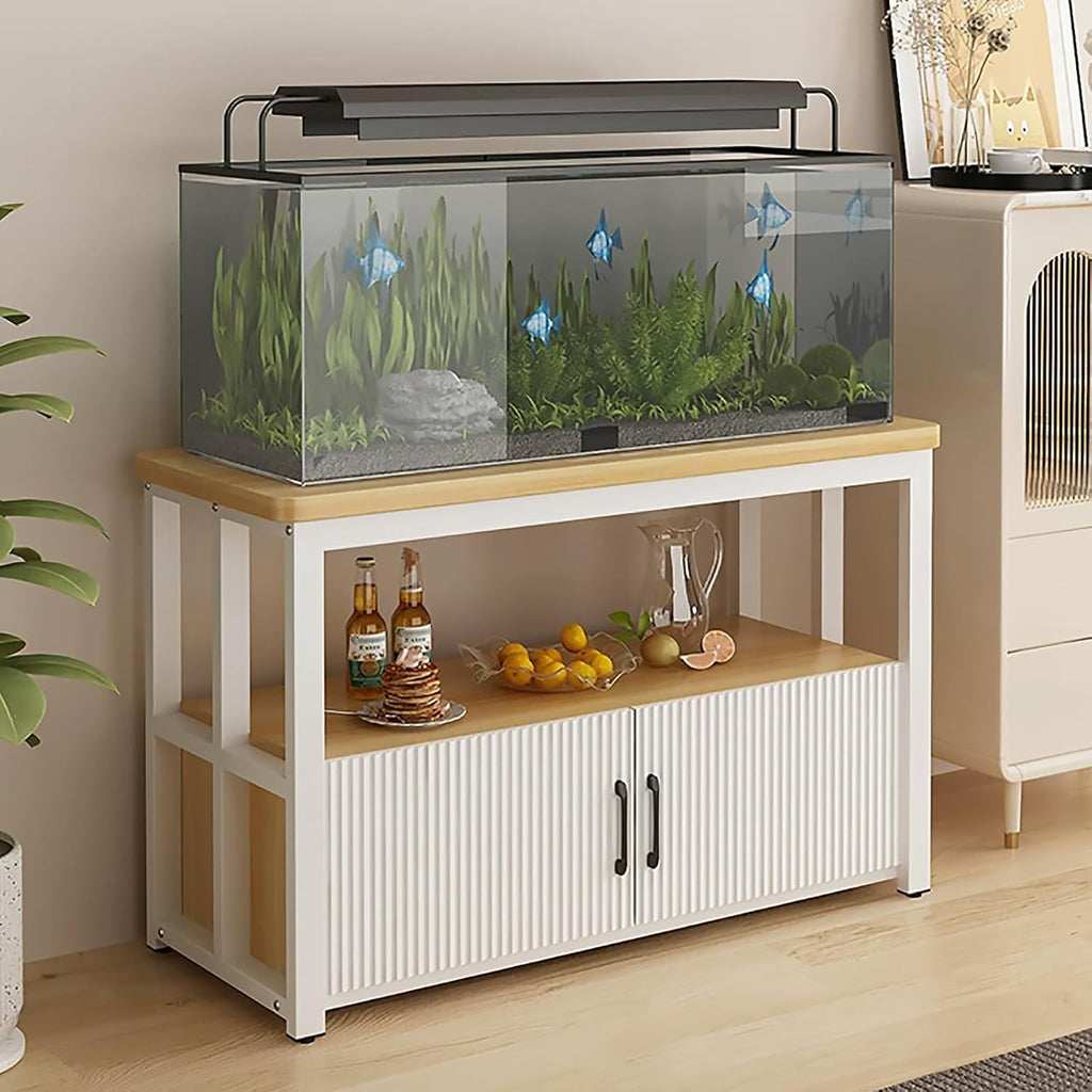 5-75Gallon Aquarium Stands,3 Tier Metal Frame Fish Tank Stand with Cabinet Storage,Reptile Tank Stand for Home Living Room Bedroom Office,2200LBS Capacity (White+Light Mahogany, L39.4″*W19.7″*H23.6″)