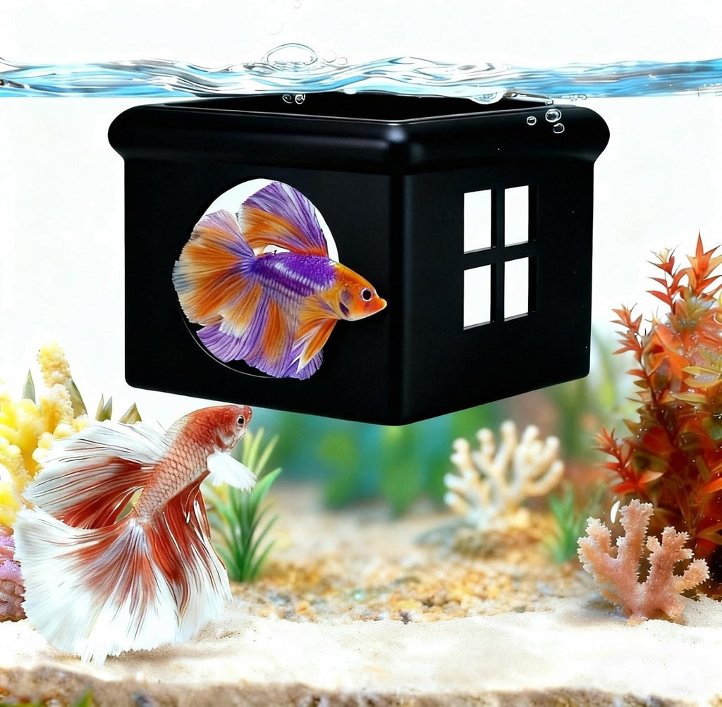 Black Floating Betta Fish Hideout with Window – 3D Breeding Box & Resting Cave – Floating Betta Hammock, Feeding Platform & Fish Tank Accessories for Small Aquariums, Bowls & Nano Tanks
